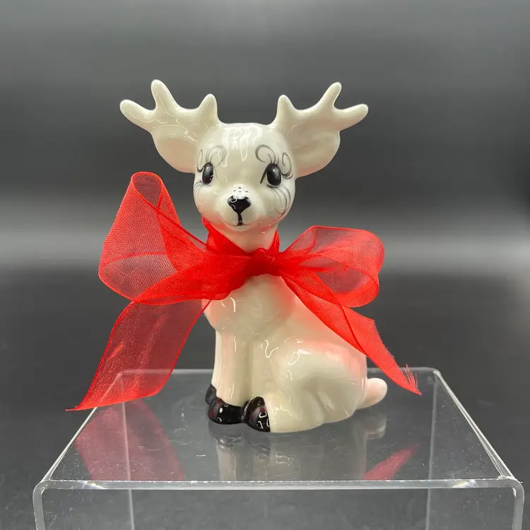 Reindeer Deer Christmas Holiday Figurine Signed Handmade White Ceramic