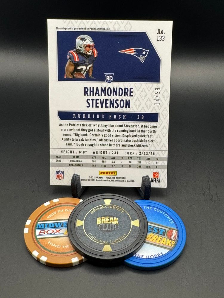 Rhamondre Stevenson Rc Auto 14/99 Silver Lazer Prizm Refractor 2021 Phoenix New England Patriots