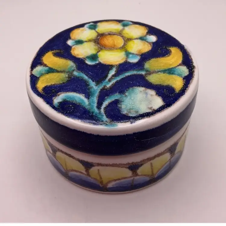 FFF Pottery Trinket Box with Flowers Italy 1.75” Hand Painted