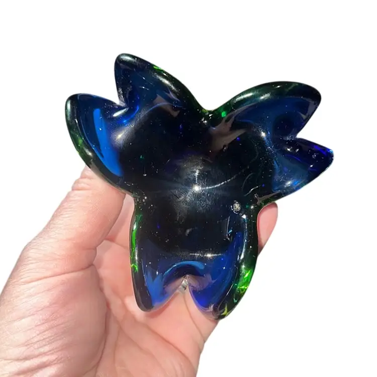 Vintage Hand blown Glass Blue And Green Flower Paperweight Or Ashtray Smooth Polished Bottom Likely Signed