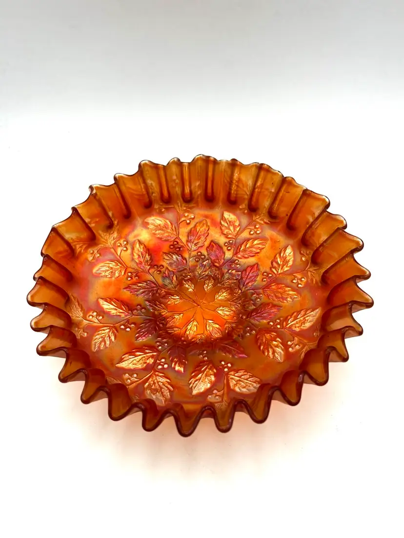 Fenton Antique/Vintage Carnival Glass Marigold Ruffled Bowl Holly & Berry Pattern 8.5” Diameter