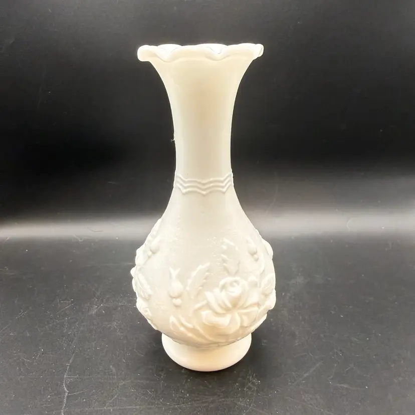 Vintage Imperial Glass Milk Glass Bud Vase With Raised Roses