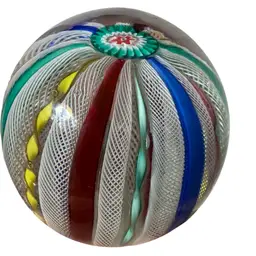 Signed Latticinio Ribbon Zanfirico Millefiori Glass Paperweight, 3",