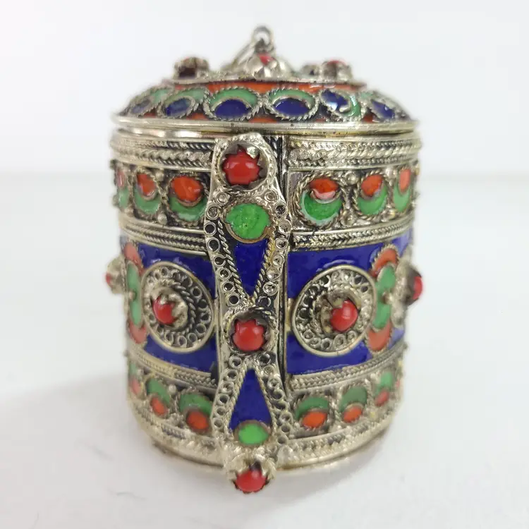 Vintage Kabyle Berber Enamel Silver Metal Blue Green Red Bracelet Pin Cuff Box