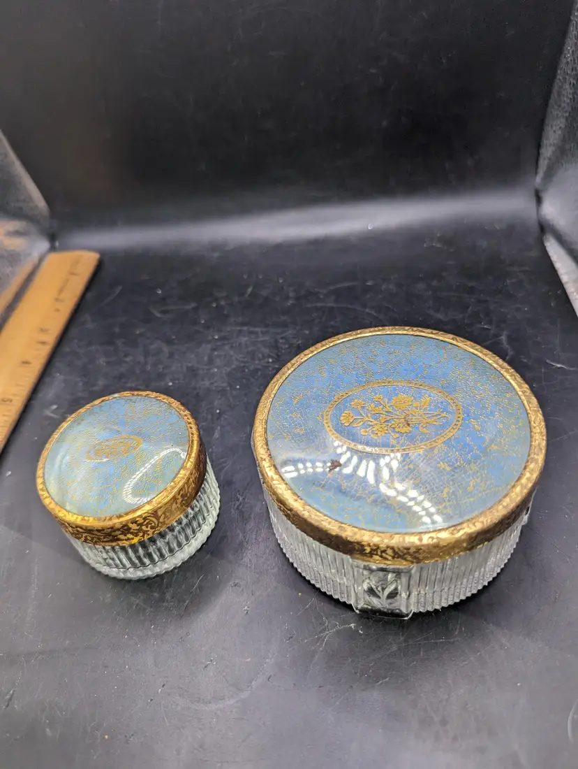 Vintage Glass Vanity Jar Set with Floral Lids