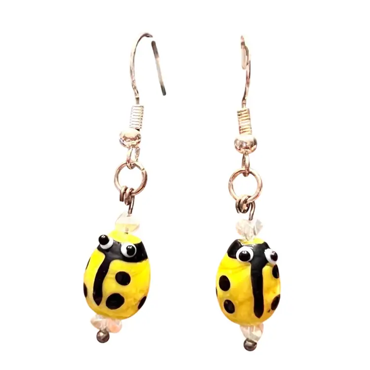 Ladybug Glass Bead Earrings 2.5” Drop .5” Bead
