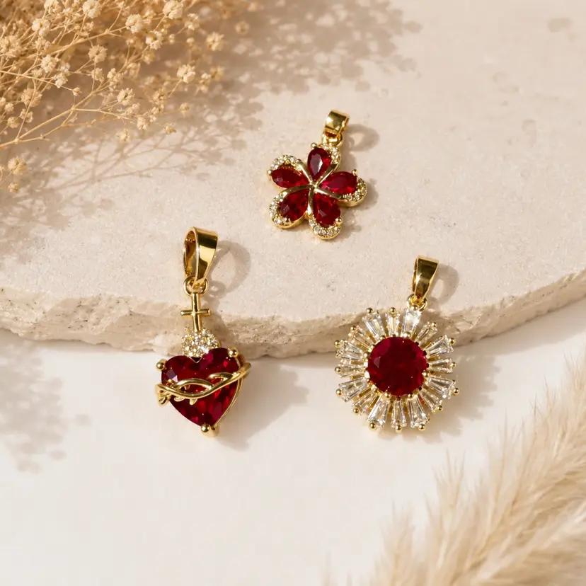 3 Gold Red Gold Plated Charm Pendants Floral Heart Theme Bundle Jewelry Lot