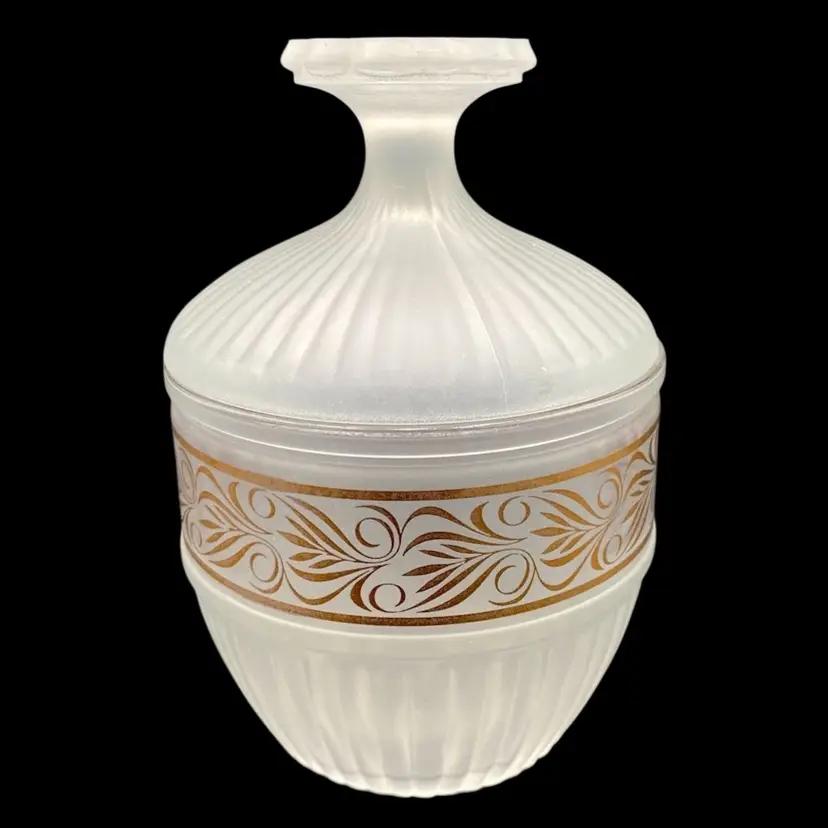 Vintage Frosted Glass Vanity Jar/Candy Dish, Ribbed, Gold Applique, Finial, MINT