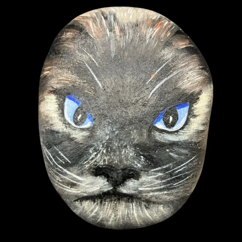 BIN - Amazing Painted Rock Cat Paperweight Decor Signed