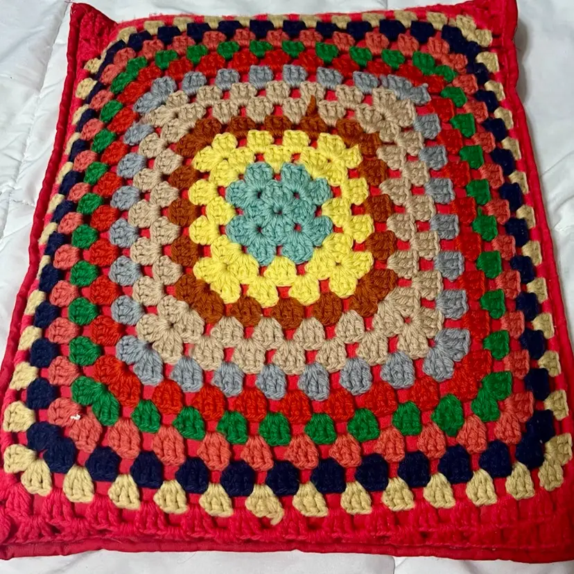 MARKDOWN! Red Multicolor Afghan Pillow ~19x16"