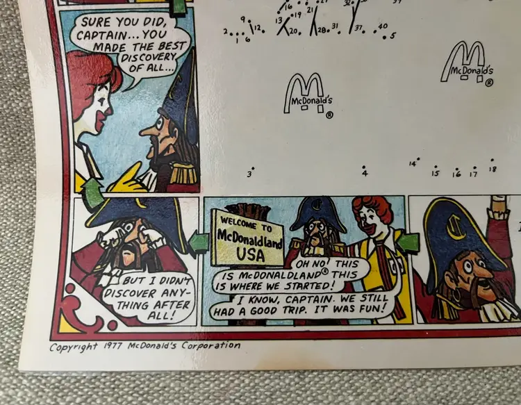 1977 Ronald McDonald Corp Activity Paper Plastic Laminate Placemat Captain Crook