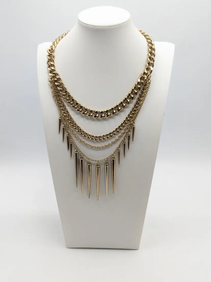 Chunky Gold Tone Multi-Layer Spikey Statement Necklace