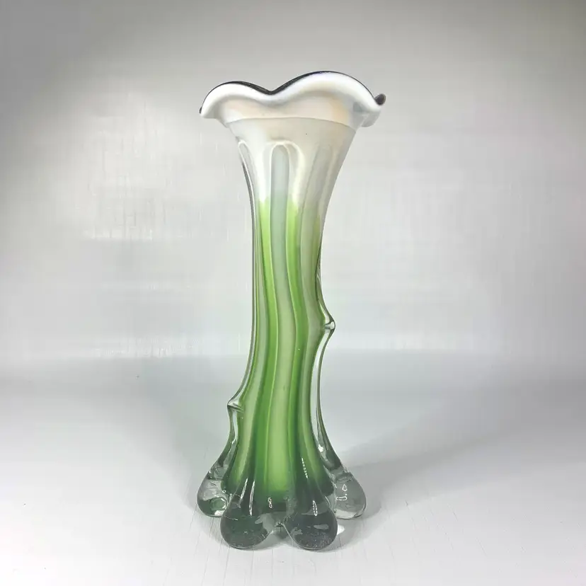 Cased Art Glass Bud Vase Crooked Tree Branch Green Multicolor Ruffled Vintage