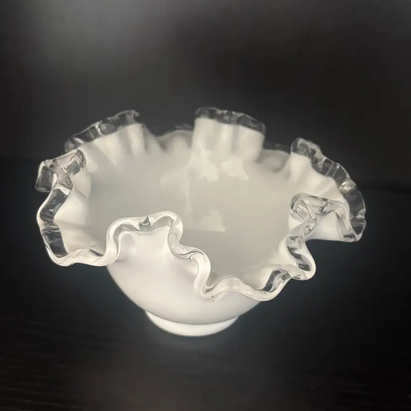 Vintage Fenton Silver Crest Ruffled Milk Glass Bowl