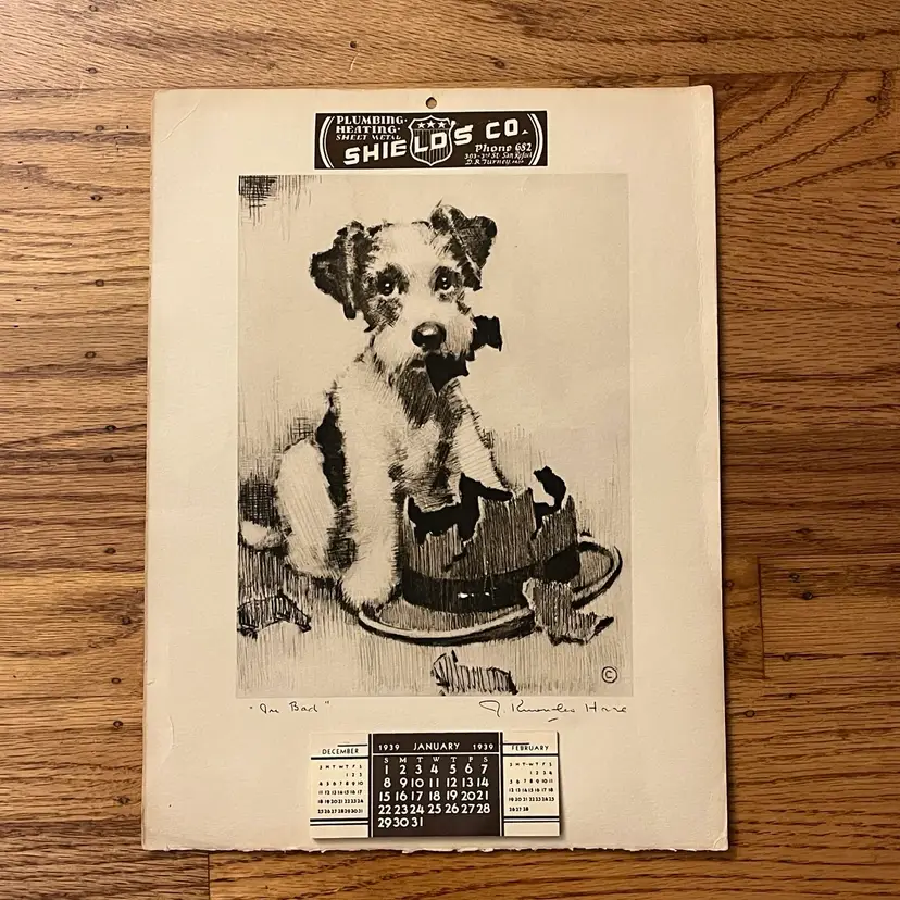 1939 Calander Puppy Love Terrier - Advertising Ephemera - Etching by J. Knowles Hare