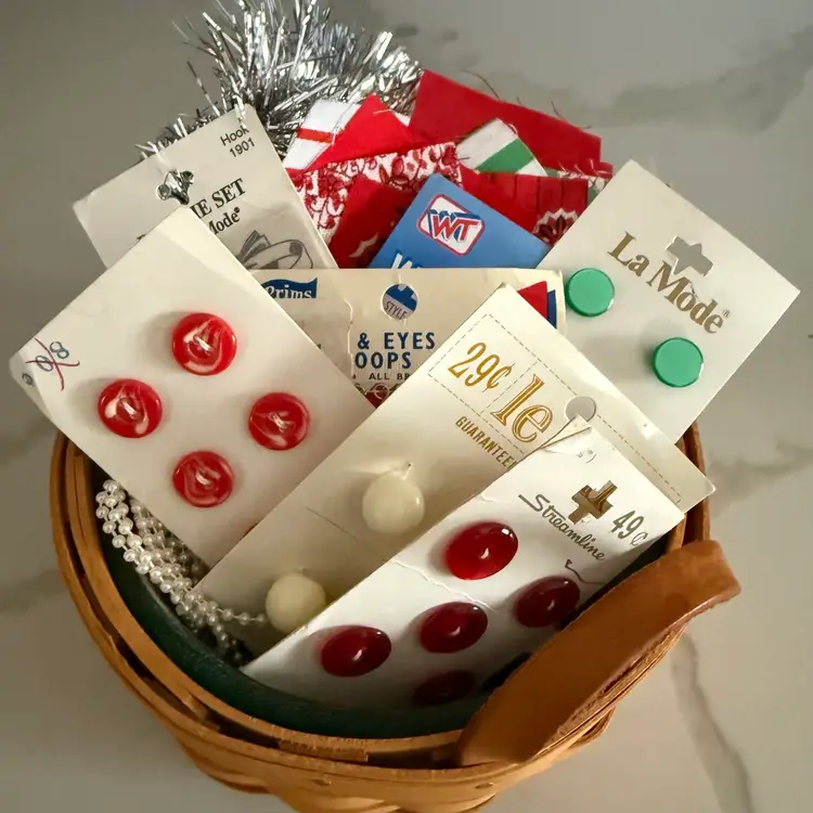 Authentic Handcrafted Longaberger Basket Stuffed With Vintage Sewing Ephemera