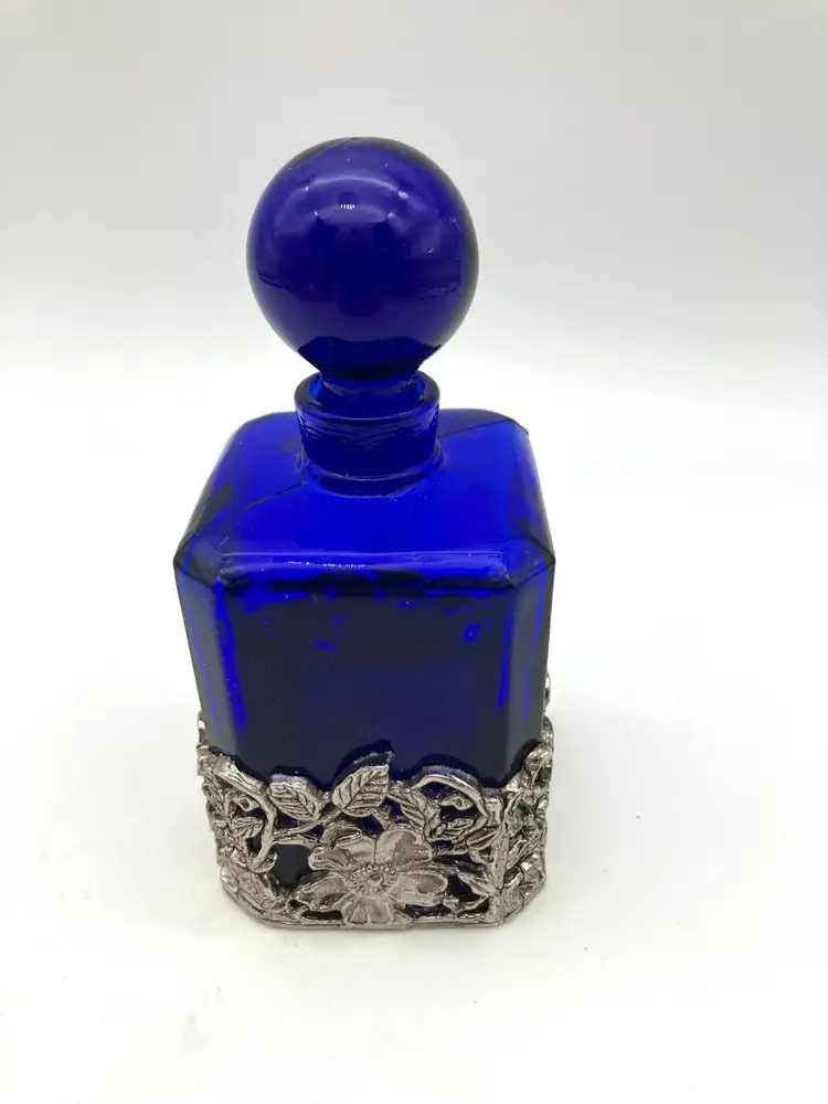 BIN - Cobalt Glass And Pewter Perfume Bottle With Ground Glass Stopper 4.5”