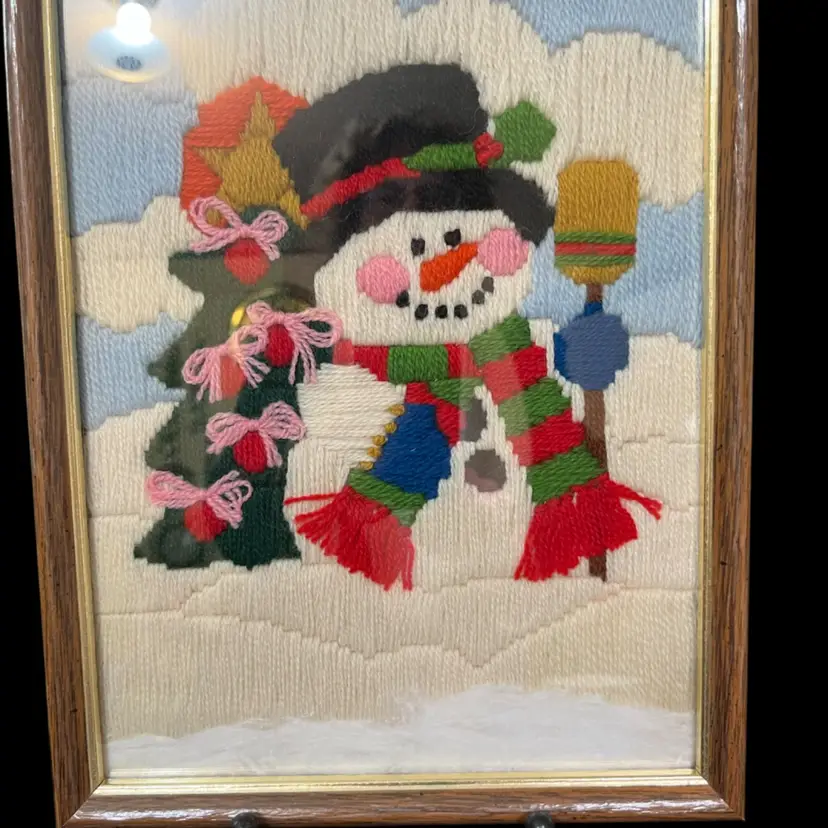 Hand Made Framed Vintage Crewel Snowman in Winter Scene