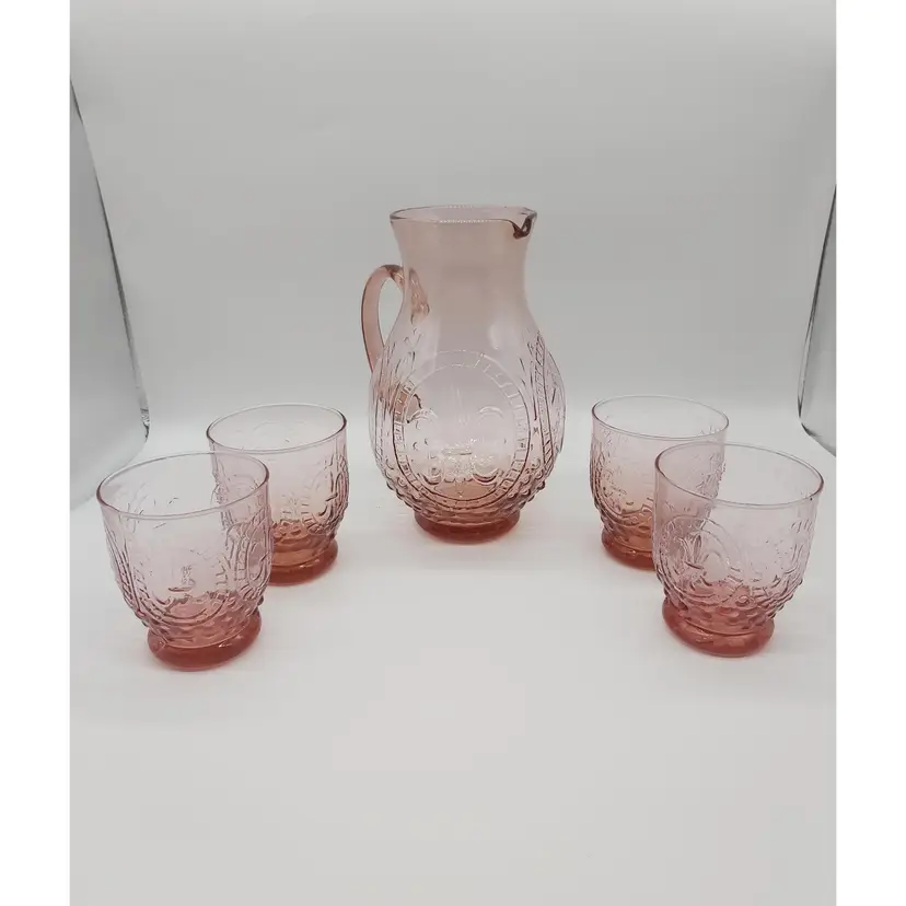 Vintage April Cornell For Silvestri Pink Fleur-de-lis Pitcher And Tumbler Set