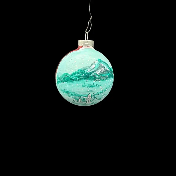 Vintage Christmas Ornament Hand-Painted Mercury Glass Signed Mountain Scene 1988