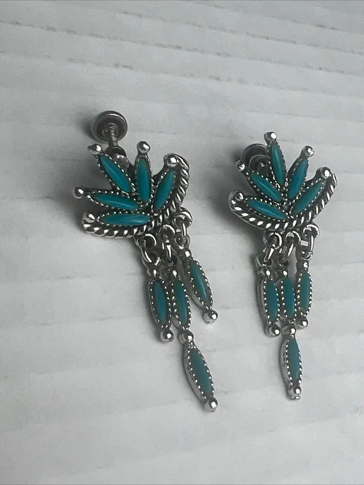 #06- Turquoise Tone Dangle Earrings Screw Back