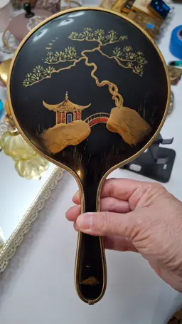 Vintage Chinoiserie Hand Mirror – Black & Gold Pagoda Design