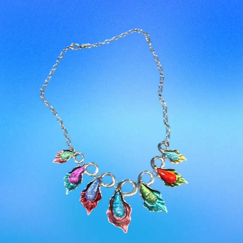 Silver Tone Multi Colored Glass Stone Necklace - Artisan Made