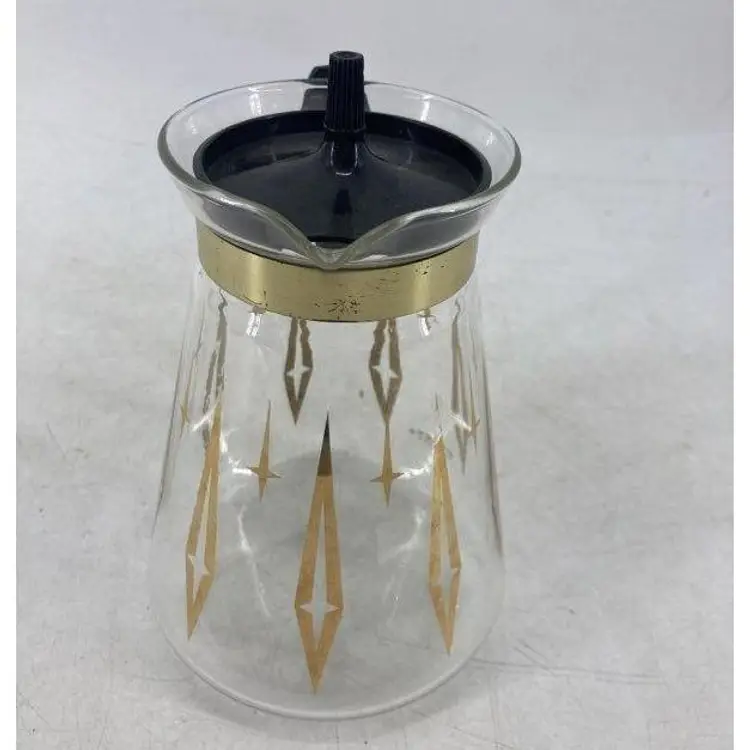 Vintage Vtg.Pyrex Glass Carafe Pitcher Coffee Pot Tea Gold Atomic Diamond Print MCM