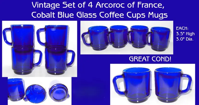 Vintage Set of 4 Cobalt Blue Glass Mugs By Arcoroc France