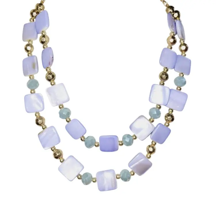 Blue Lace Agate Beaded Necklace Double Layered Accented with Blue Chalcedony