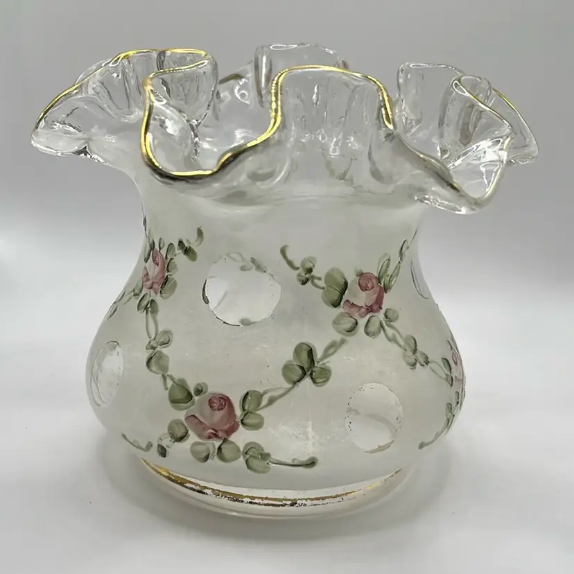 07. Fenton Vase For Abel’s Wasserberg decorated in Charleton lattice roses Circa 1950’s Wear On The Gold