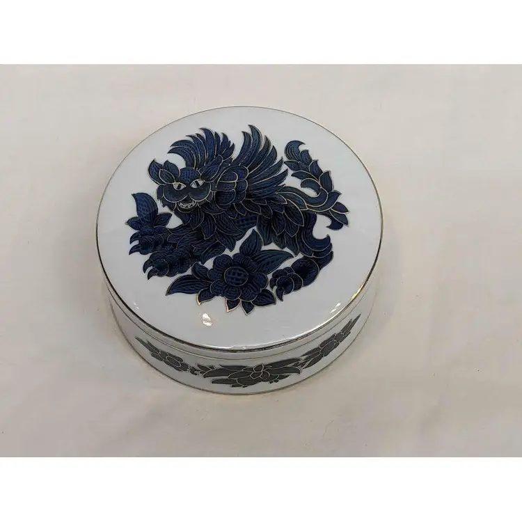 Vintage Rosenthal Bavaria blue & gold foo dog dragon round porcelain lidded trinket box