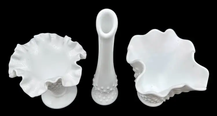 Lot of 3 Fenton Hobnail Milk Glass Vases Ruffled Swung Bud Vase Handkerchief