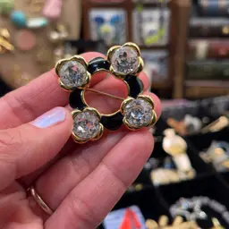 Monet Goldtone Black Enamel Faceted Rhinestone Brooch 1.75”