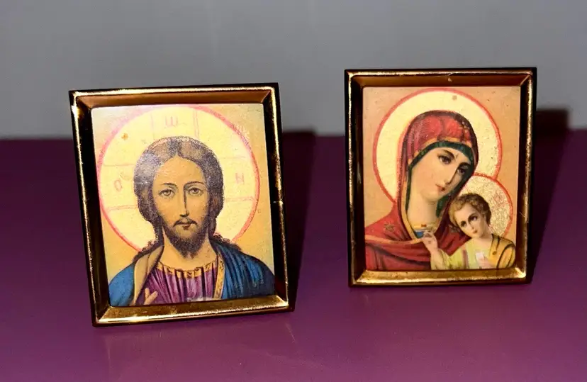 Vintage Pair 1 3/4” Miniature Framed Orthodox Christian Jesus And Mother Of God