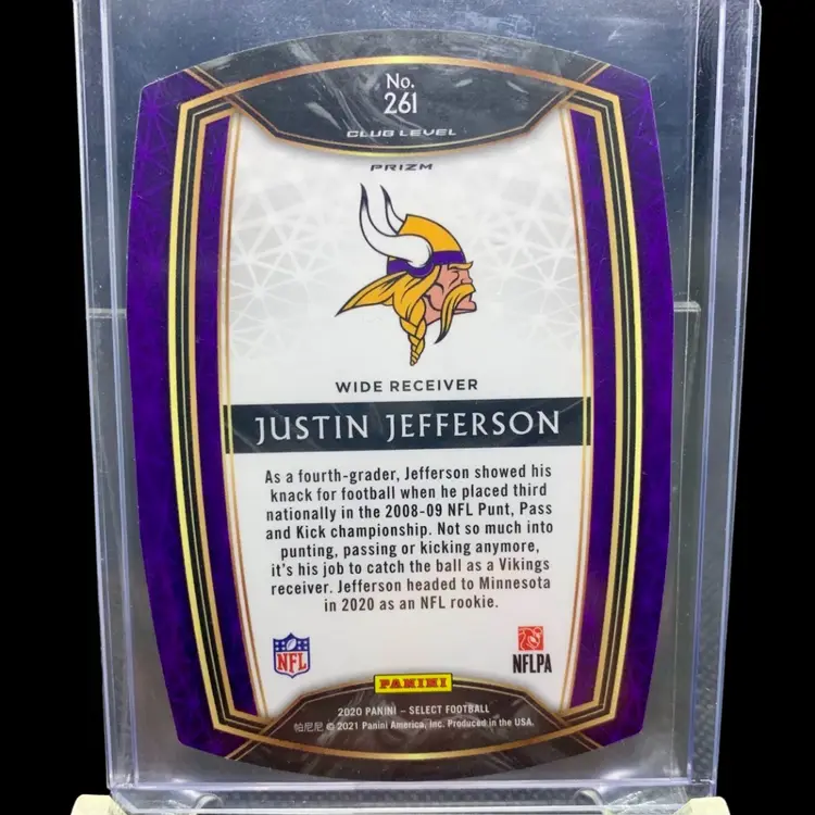 20 Select Justin Jefferson Club Level Purple Die-Cut RC. Minnesota Vikings. 