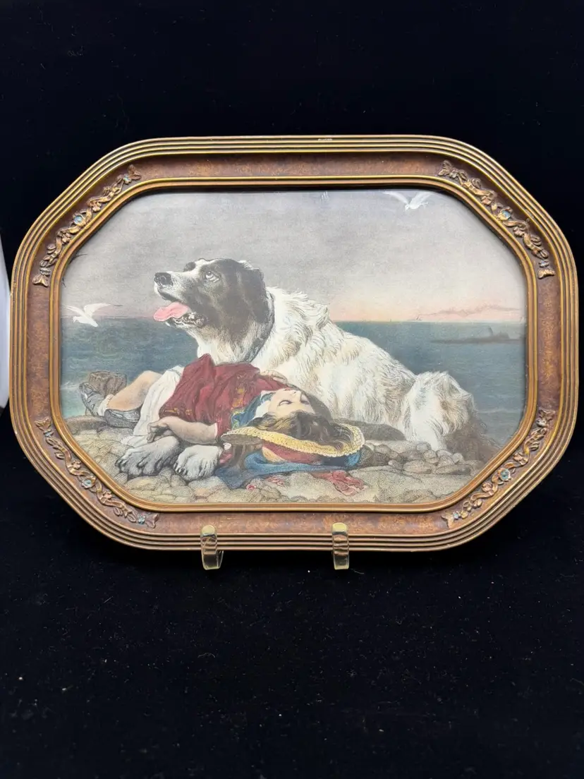 Vintage Ornate Metal Framed Print Sir Edwin Henry Ladseer “Saved” Child&Dog-Waterway