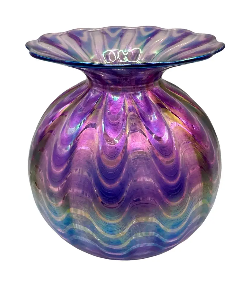 Unsigned Vintage Glass Eye Studio Art Vase Iridescent Purple Pink Feather 5.25”