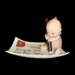 1910s Bisque Kewpie w/ Pen Porcelain Envelope Dish Real Stamp HTF