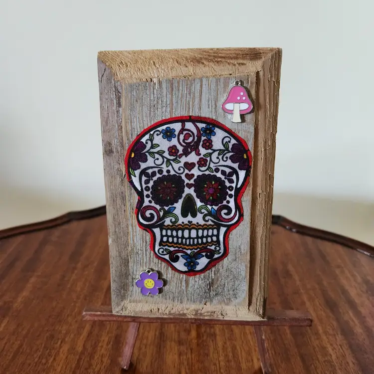 Hippie Theme On Reclaimed Wood With Mushroom And Flower, Skull, Original, 3-dimensional, Handmade, One Of A Kind, Has Hook On Back For Hanging With Felt Pads To Protect Your Walls, Stand Not Included. 4"x6"x1"