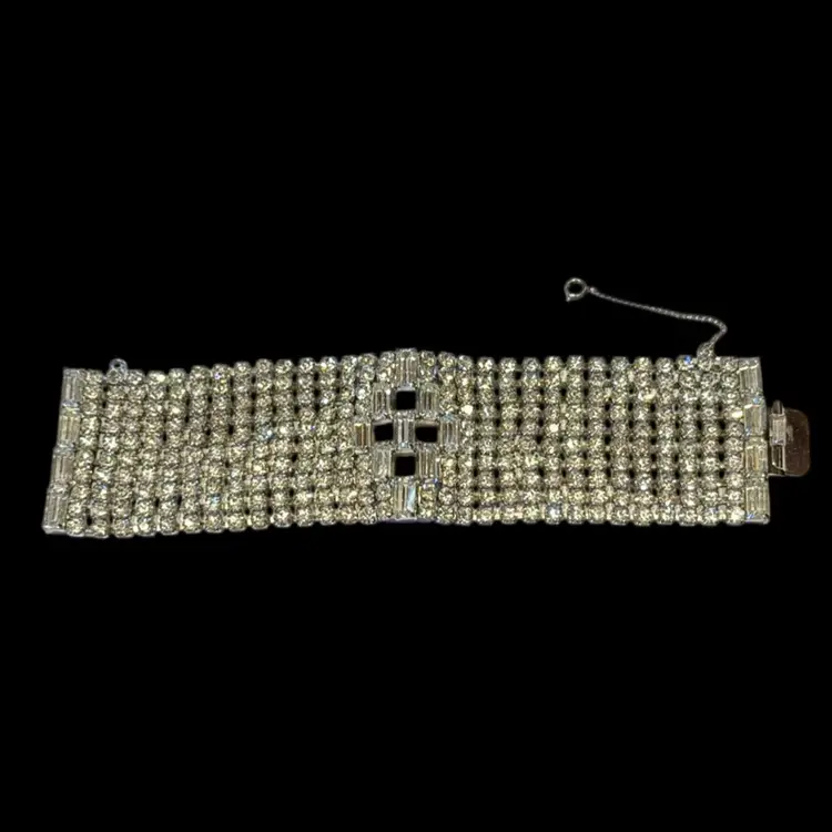 Absolutely Stunning Sparkler - 1950s Vintage Silvertone Rhinestone Statement  Bracelet Baguettes, Square & Round Cut 7”X2”