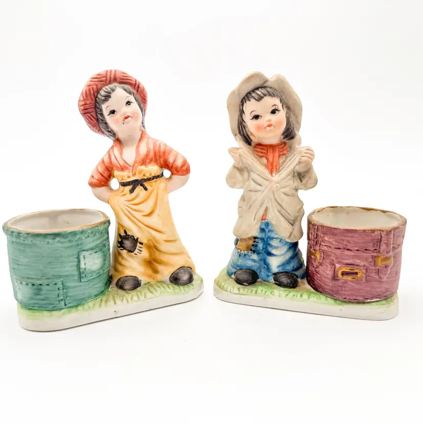Little Luvkins 1976 Girls Boy's Clothing Candle Holders Porcelain Hand Painted Lot of 2 B25