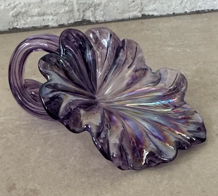 Hand Blown Art Glass Stemmed Flower Purple Iridescent 5.5” long