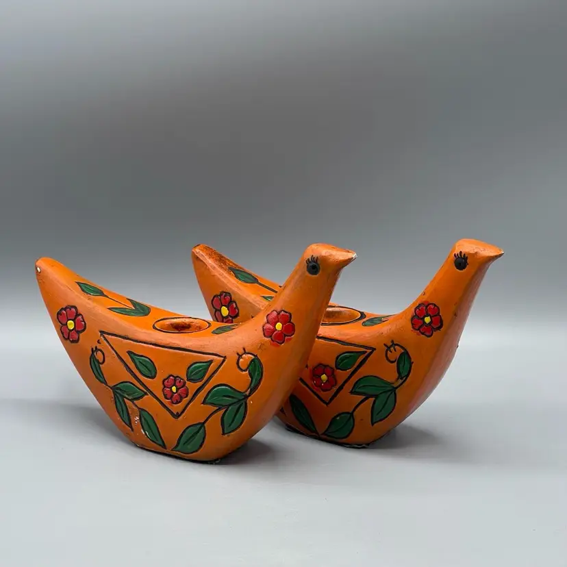 MCM Composite Orange Floral Mod Bird Candle Stick Holders Stylized