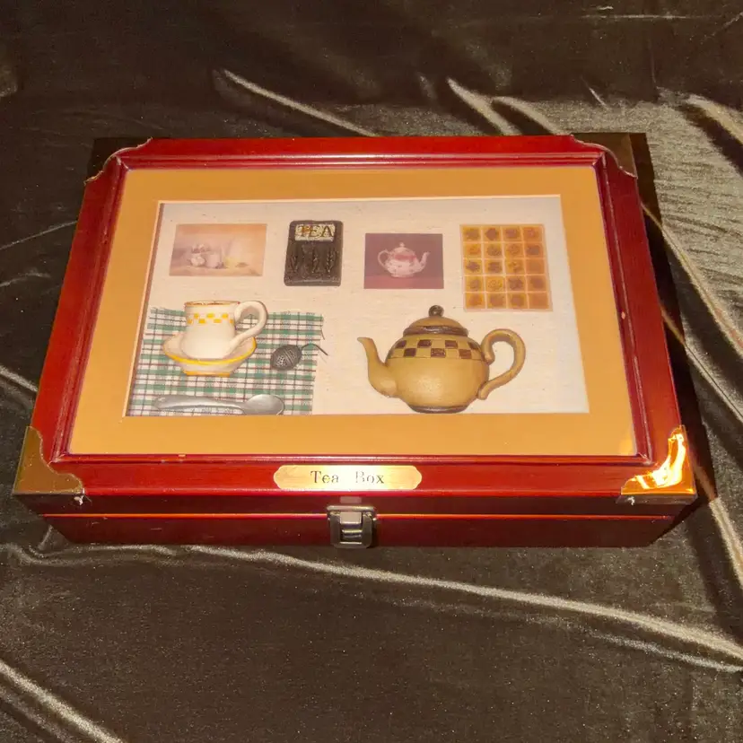 Vintage Wooden Tea Bag Organizer With Shadow Box Lid