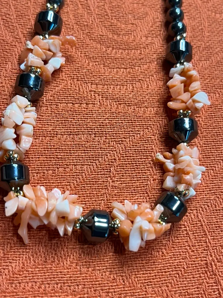 Hematite And Pink Coral Necklace And Bracelet.