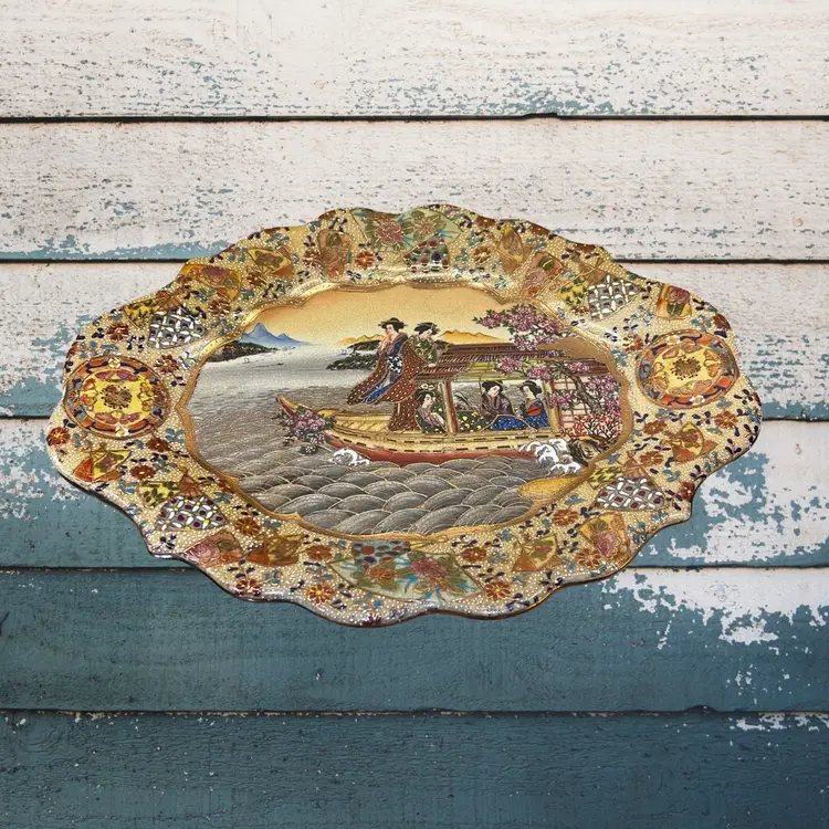 Vintage Chinese Royal Satsuma Handpainted & Gold Oval Platter Ruffle Edge Asian