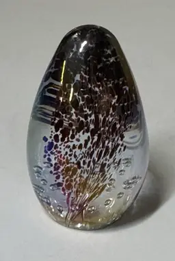 Egg Shaped Glass Paperweight iridescent with controlled bubbles 2.75” tall