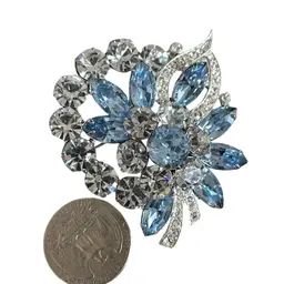 EISENBERG Large Icy Blue Dimensional  Floral Broach With Clear Rhinestones Accents