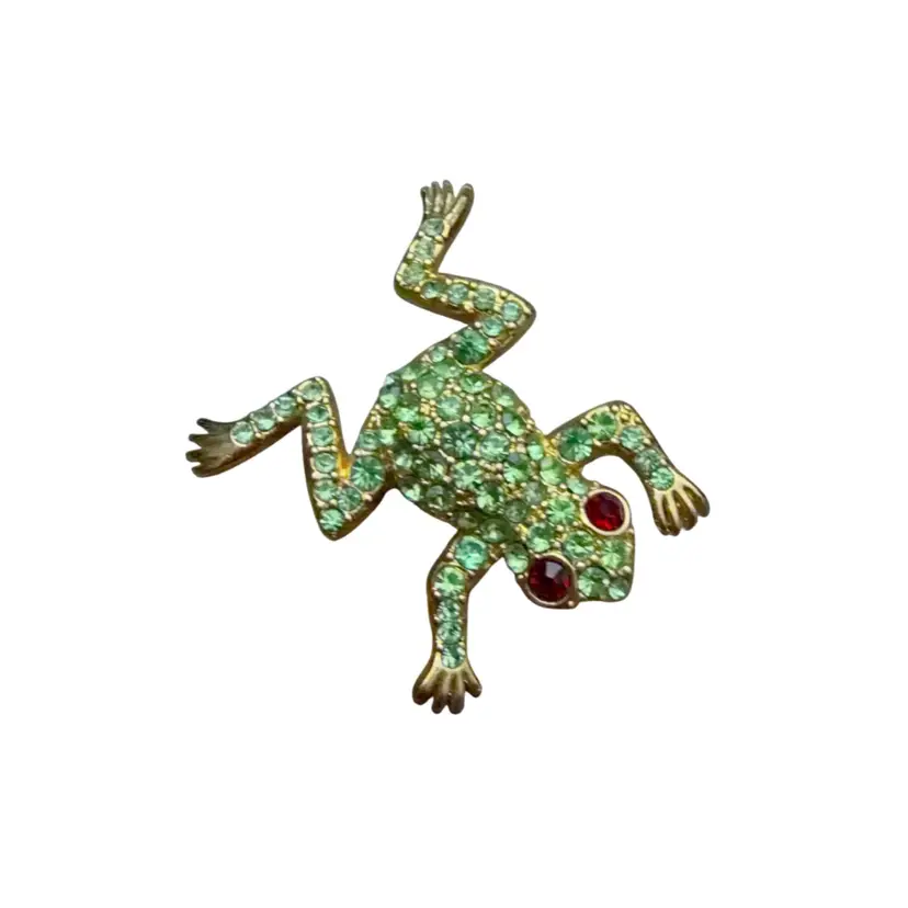 Amazing Green and Red Stone Gold Tone Frog Brooch